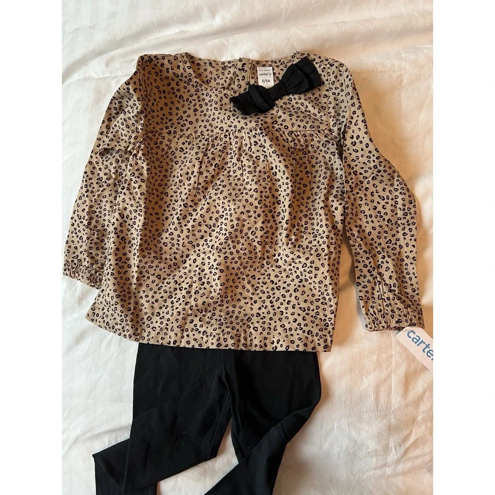 Carter's Girls' 2-Piece Top and Legging Set Animal Print Bow Black Sz 5 NWT